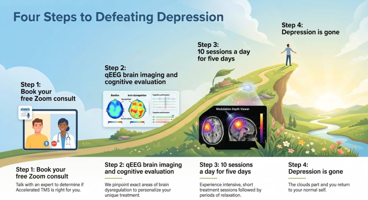 Four steps to defeating depression with accelerated TMS in San Jose: free video consult, qEEG brain imaging and cognitive evaluation, treatment across five days, depression is gone